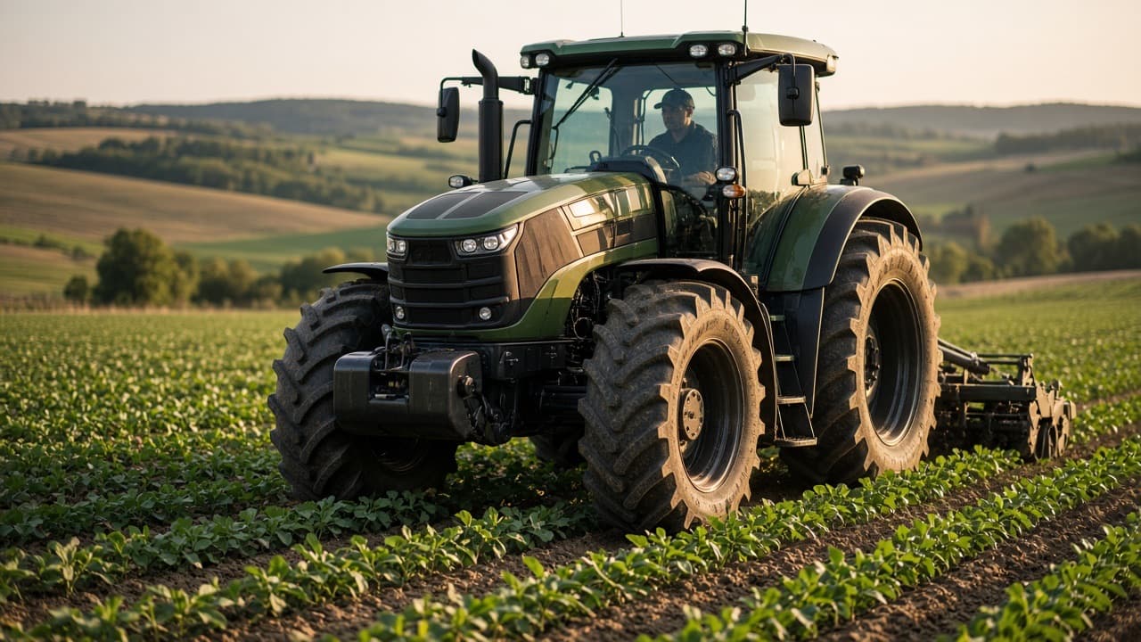 Agricultural tractor working a crop field